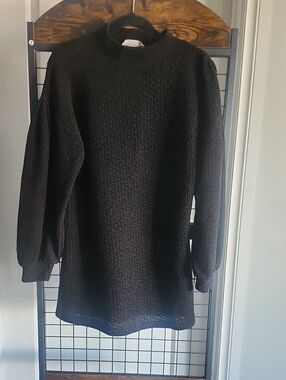 Black Knit Mini Dress with Long Sleeves - Women's Sweater Dress